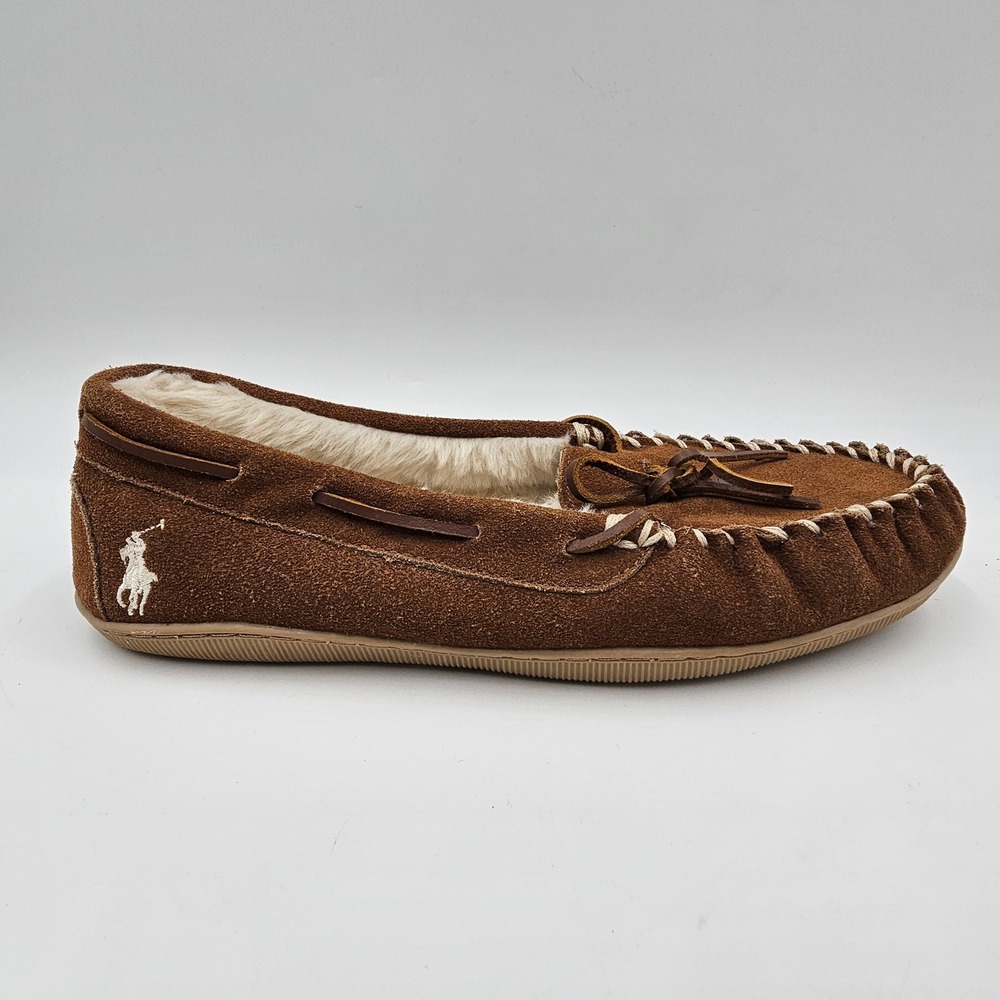 Polo Ralph Lauren Mens Brown Suede Moccasin Slippers Faux Fur Lining Pony Logo